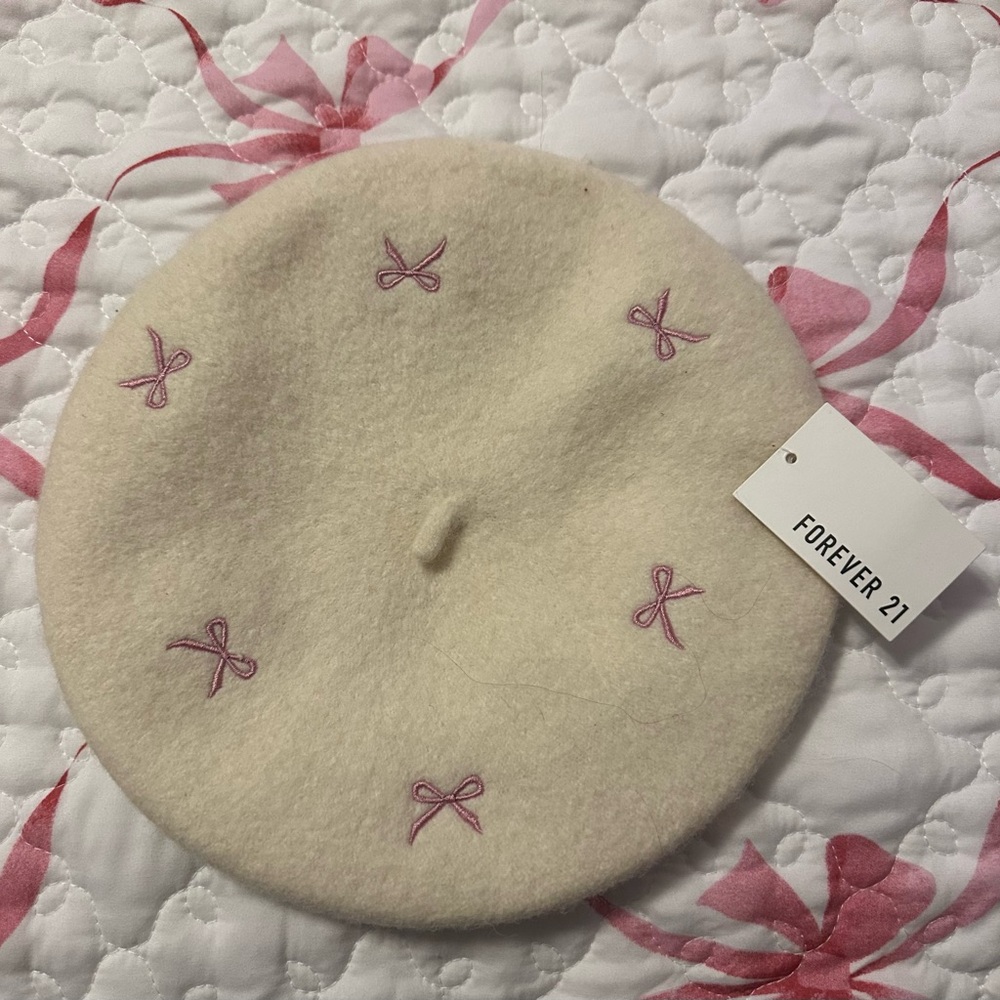 Forever 21 Wool Ivory Beret with Pink Bow Details